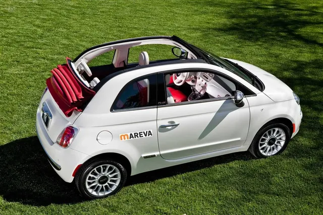 Fiat 500 Cabrio with the roof open, MAREVA Rent a Car Kos